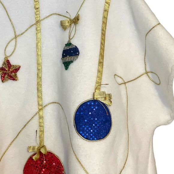 Hand Sewn Christmas Holiday Sequin Bead Ornament Gold Ribbon Fleece Jacket Top - Picture 7 of 16
